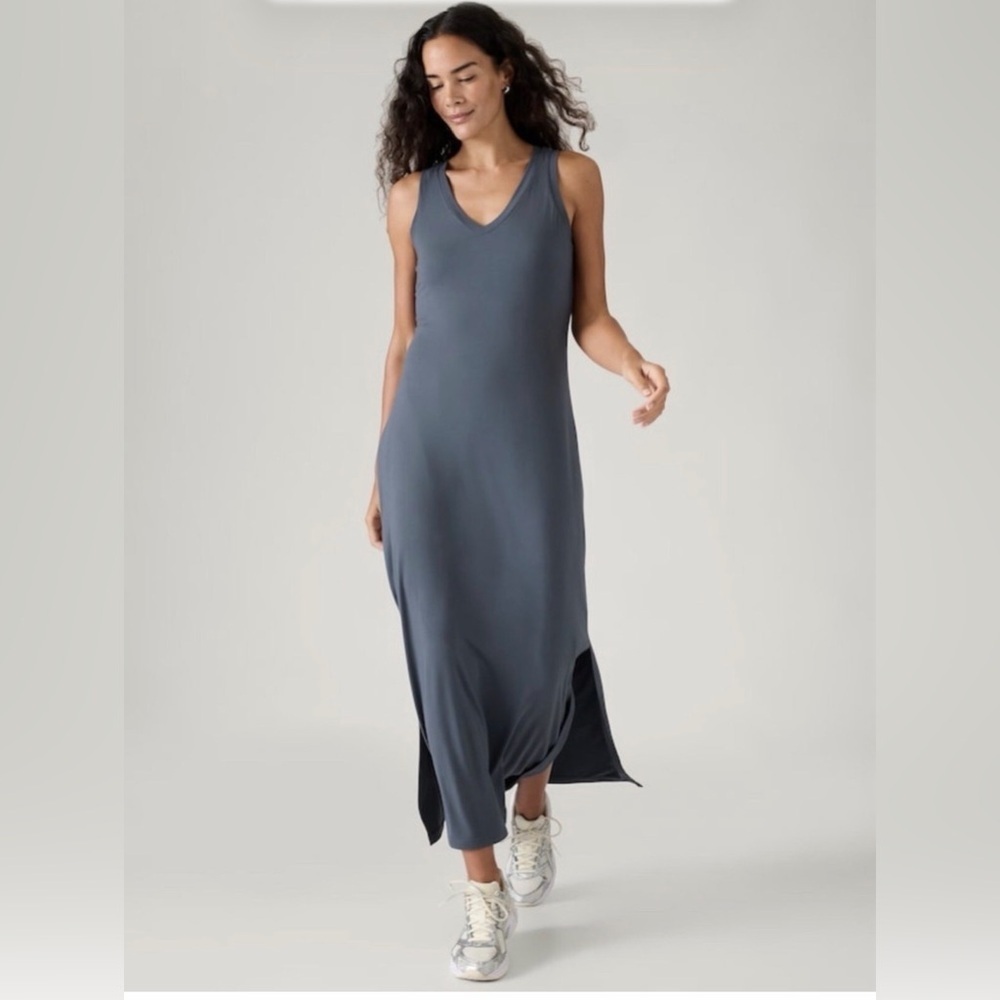 Athleta Santorini V-Neck Maxi Dress with Side Slits in Charcoal Grey